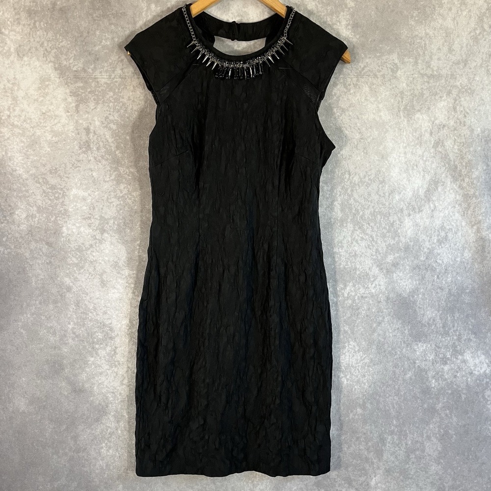 Bisou Bisou Dress Womens 10 Black Textured Spiked Neck Cutout Sheath 1058653B